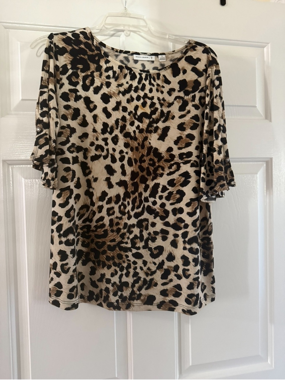 Susan Graver Leopard Print Short Sleeve Top - Beige/Brown
